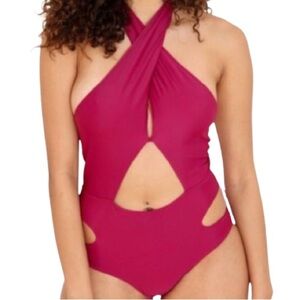 NWT Ree Bees Halter One Piece Burgundy Swimsuit Size S
